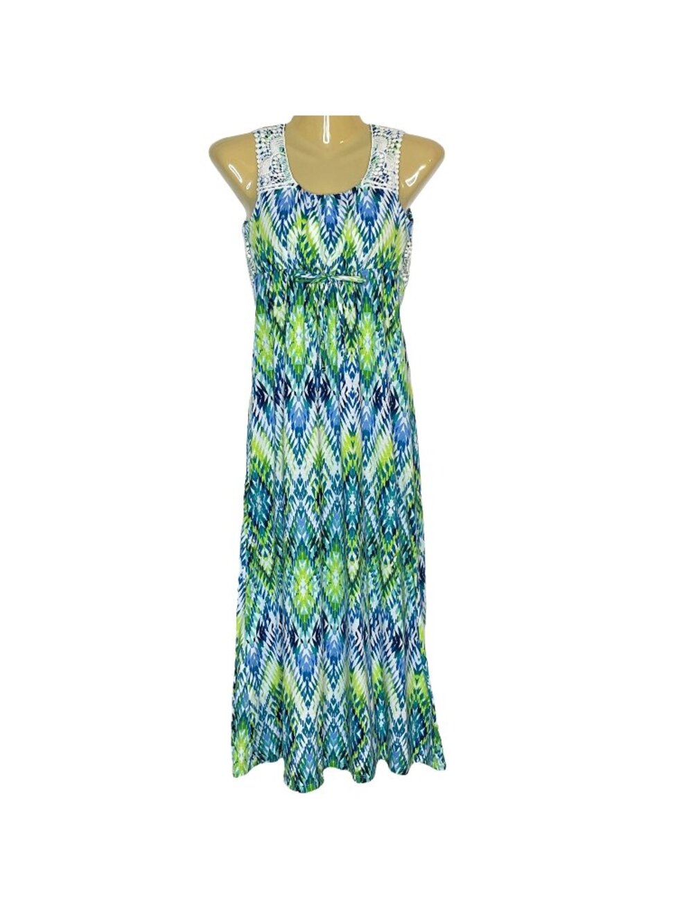 Speechless Maxi Dress Empire Waist Aztec Design Lace Overlay Green Blue White Si